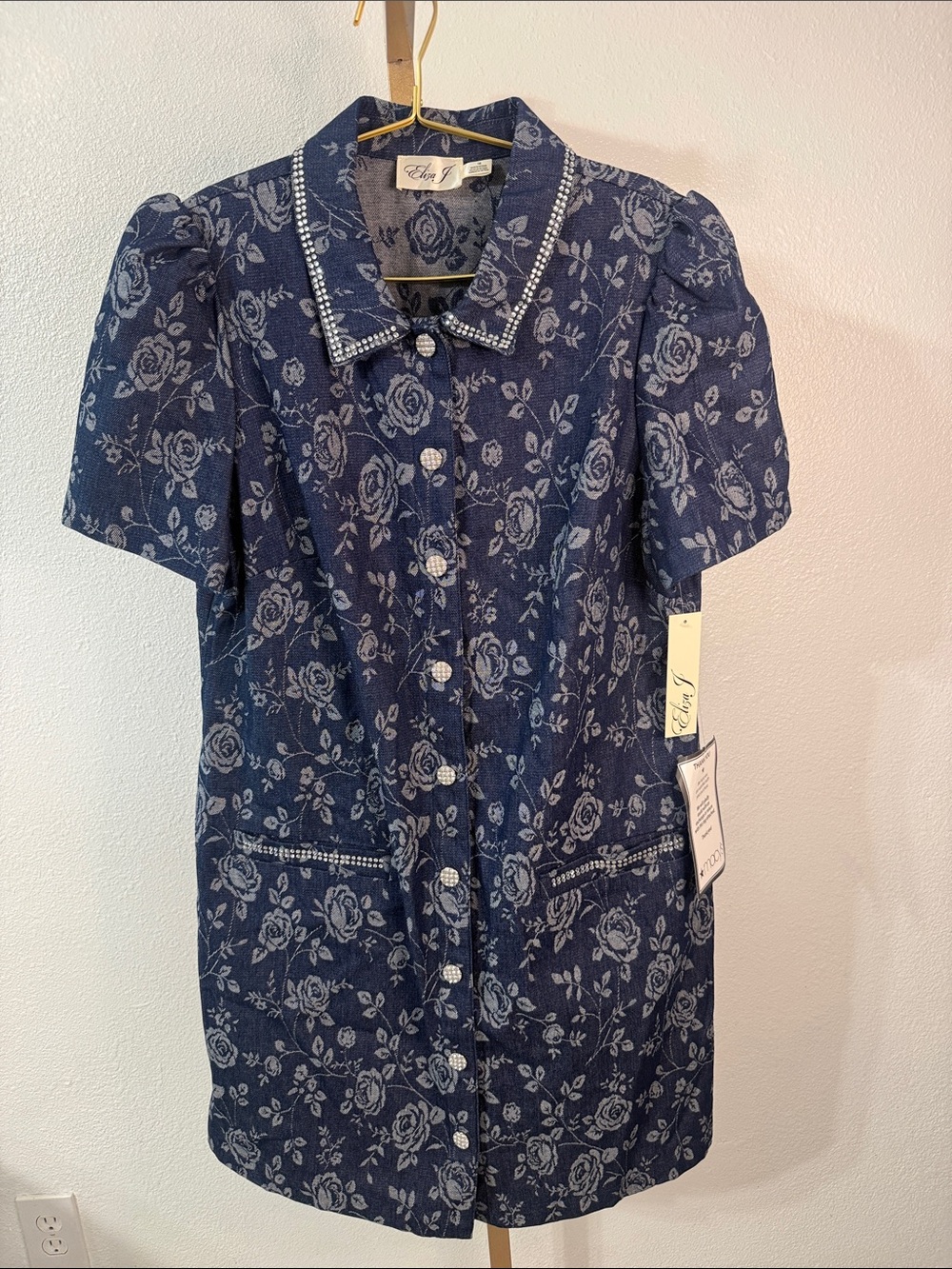 Eliza J -Navy and Light Blue Floral Jacquard Dress with sequin accents- Size 16 - Picture 1 of 11